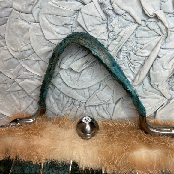 VINTAGE Graffity Teal Printed Velvet Handbag Purse - Picture 3 of 9